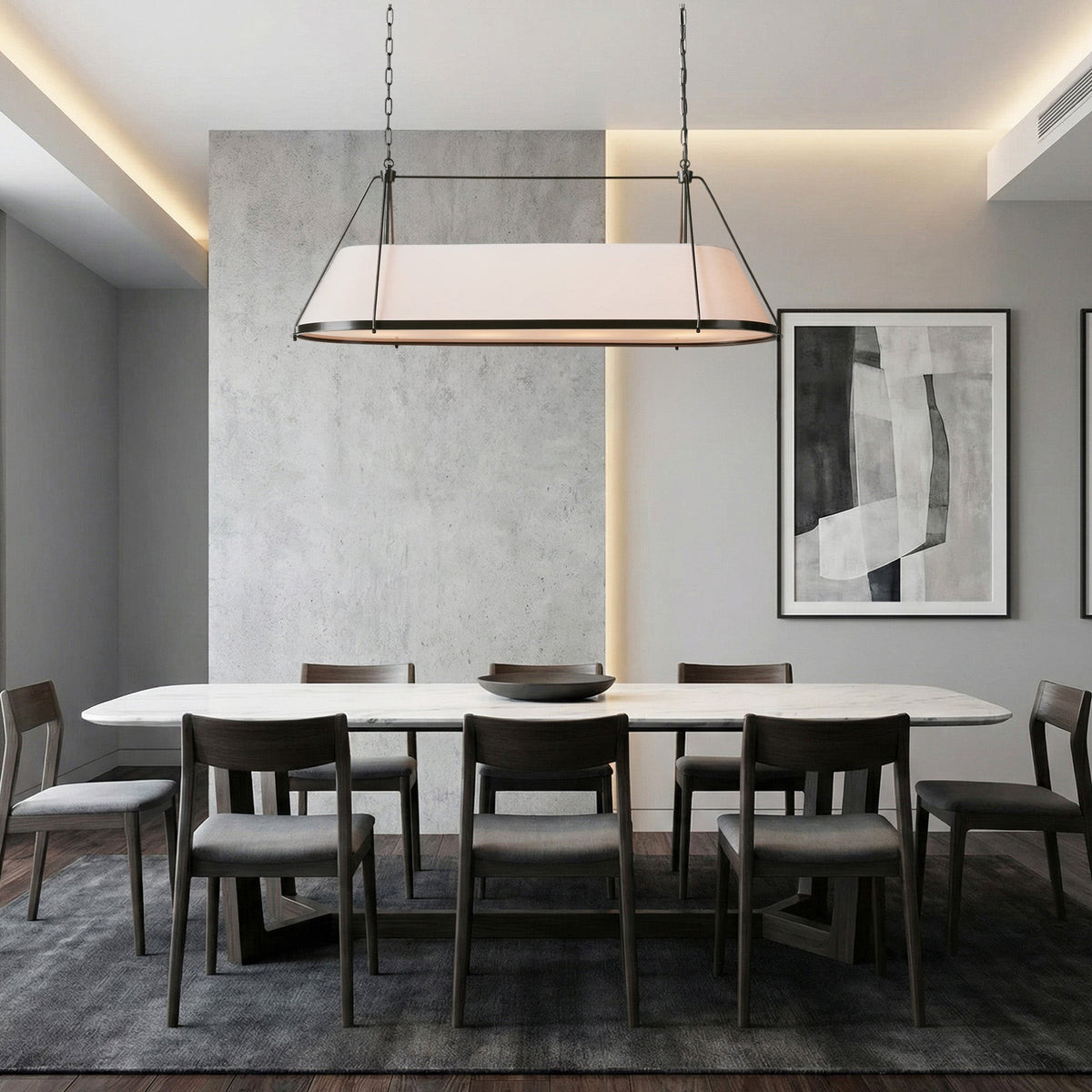 Linear Metal Frame Chandelier with Flared Linen Shades
