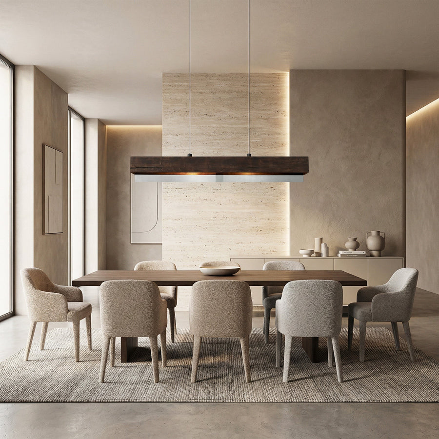 Linear Ochre Alder Wood and Mirrored Glass Chandelier