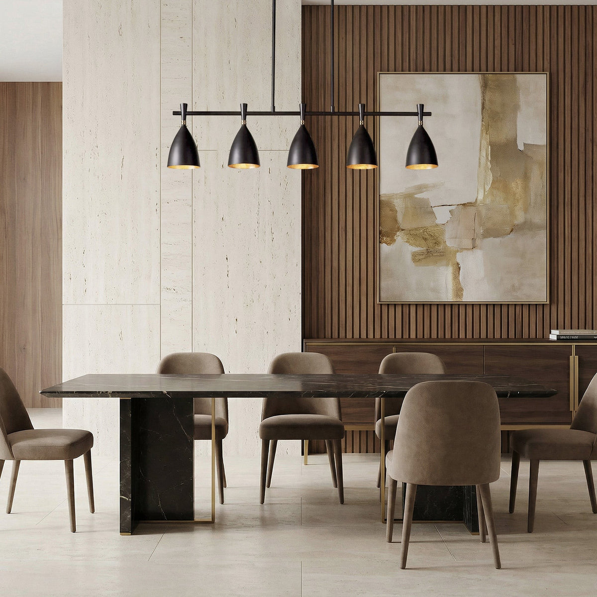 Linear Old Bronze Chandelier with Gold Leaf Shades
