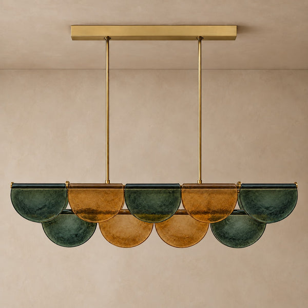 Linear Olive Glass Petal Brass Chandelier