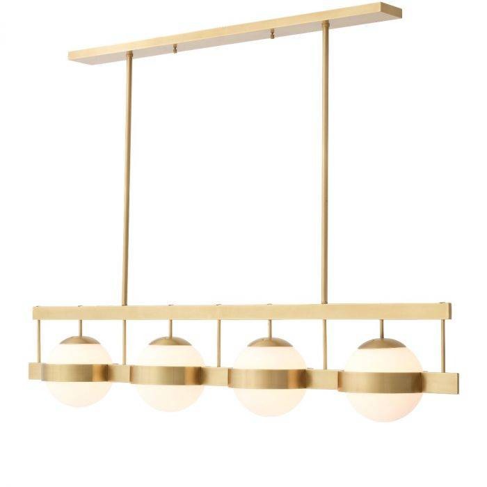 Linear Opal Glass and Antique Brass Chandelier