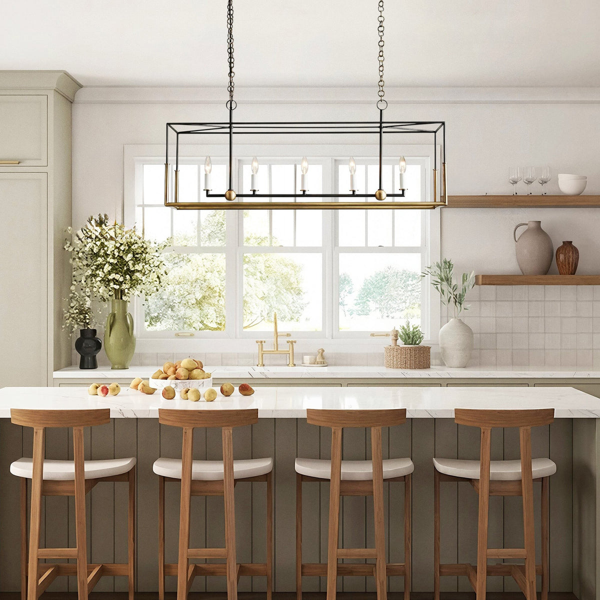 Linear Open Iron Frame Brass and Black Chandelier