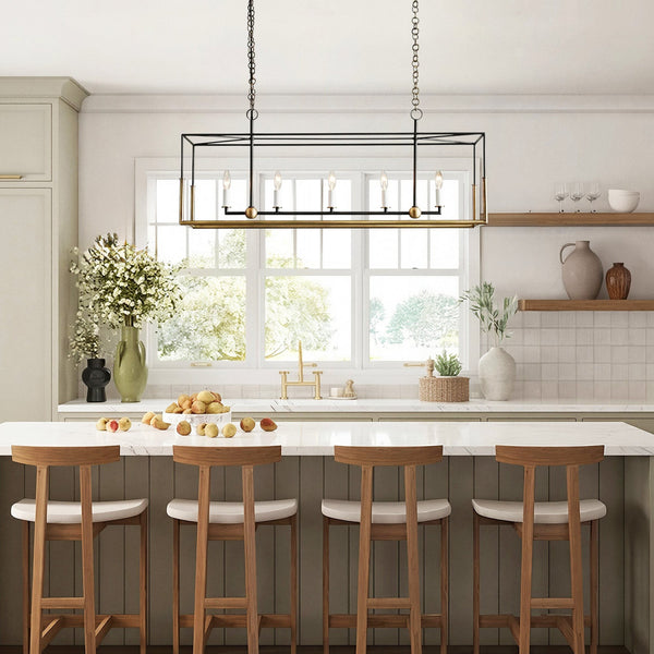 Linear Open Iron Frame Brass and Black Chandelier