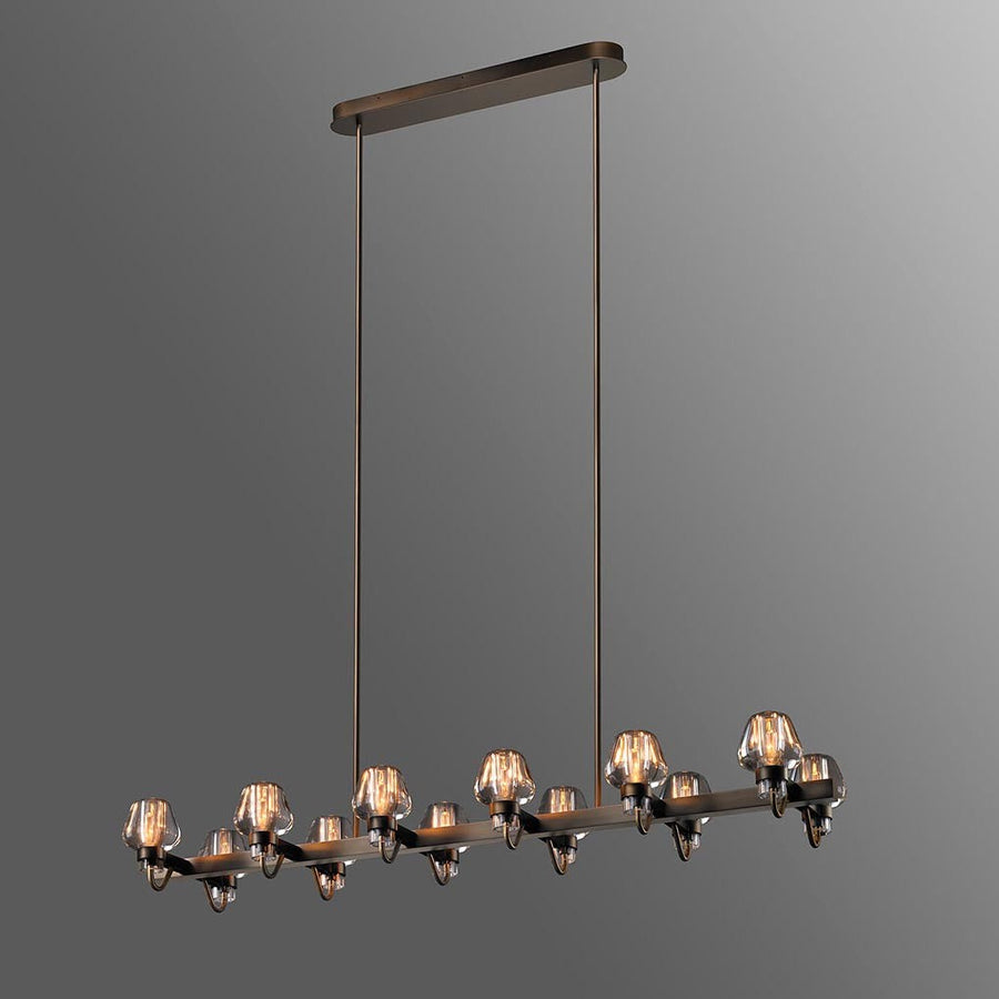 Linear Patinated Brass and Carved Crystal Chandelier