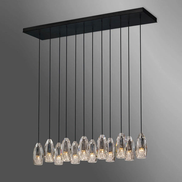 Linear Patinated Brass and Lead Crystal Chandelier