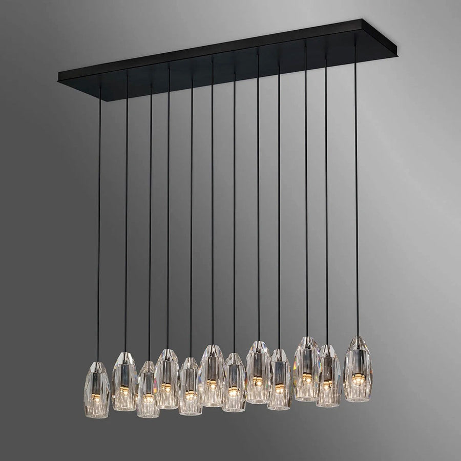 Linear Patinated Brass and Lead Crystal Chandelier