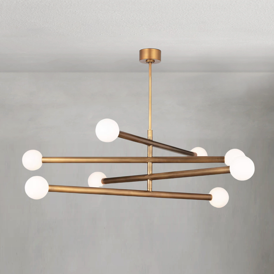 Linear Pivoting Arm Steel and White Glass Globe Chandelier