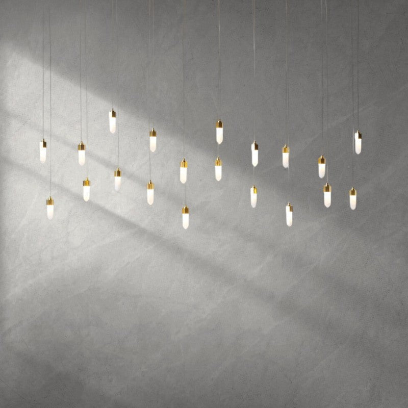 Linear Quartz Crystal Drop Satin Brass Chandelier