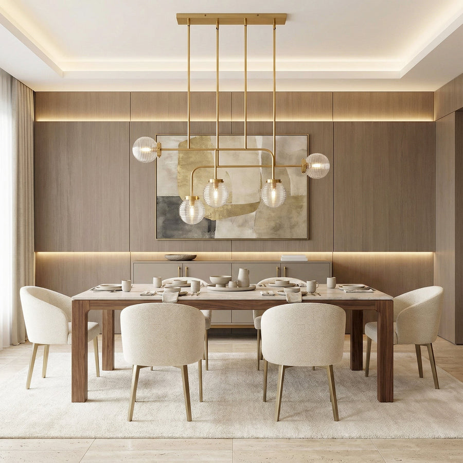 Linear Ribbed Glass Globe and Brass Chandelier