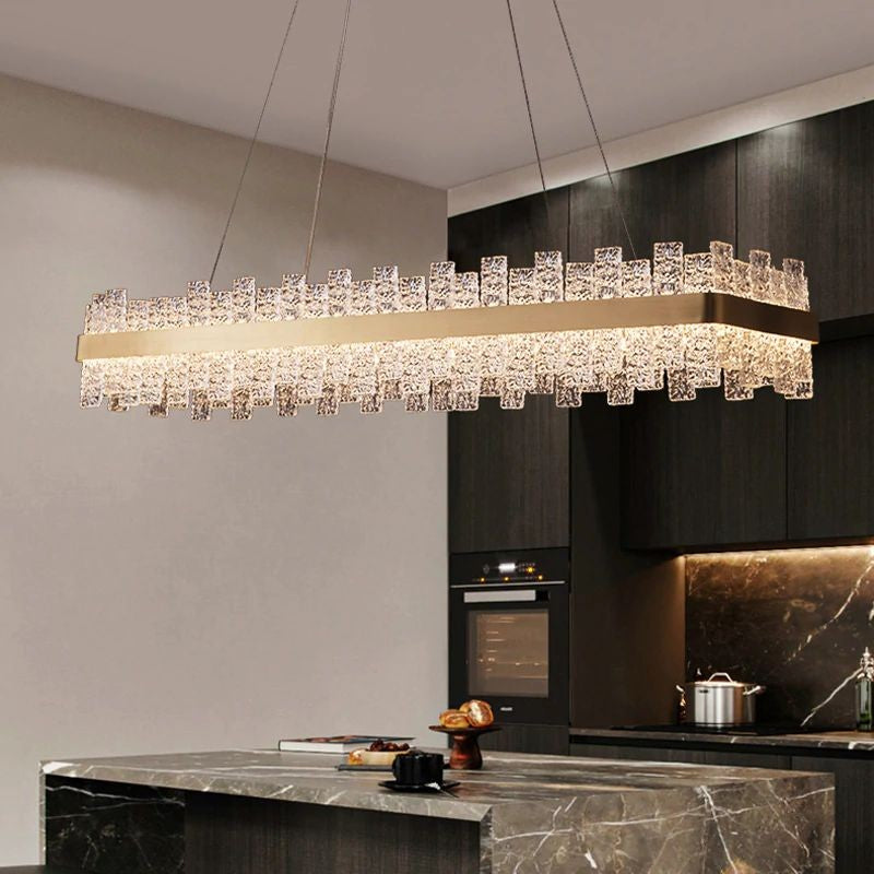 Linear Rippled Glass and Gold Chandelier