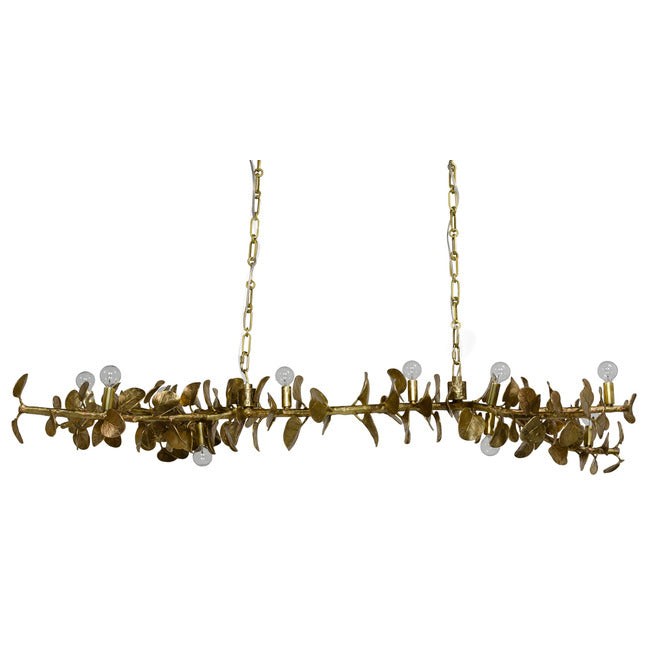 Linear Satin Brass Branch Chandelier with Leaves