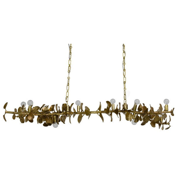 Linear Satin Brass Branch Chandelier with Leaves
