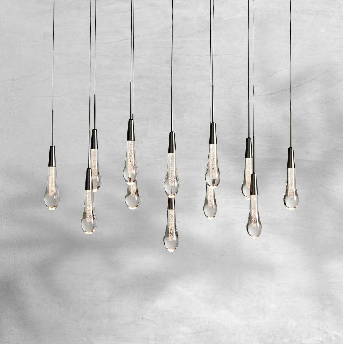 Linear Seeded Glass Teardrop Steel Chandelier