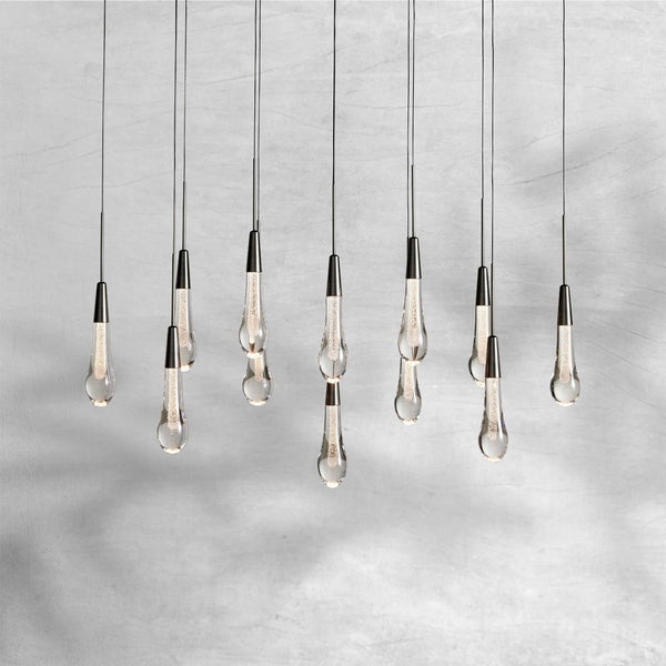 Linear Seeded Glass Teardrop Steel Chandelier