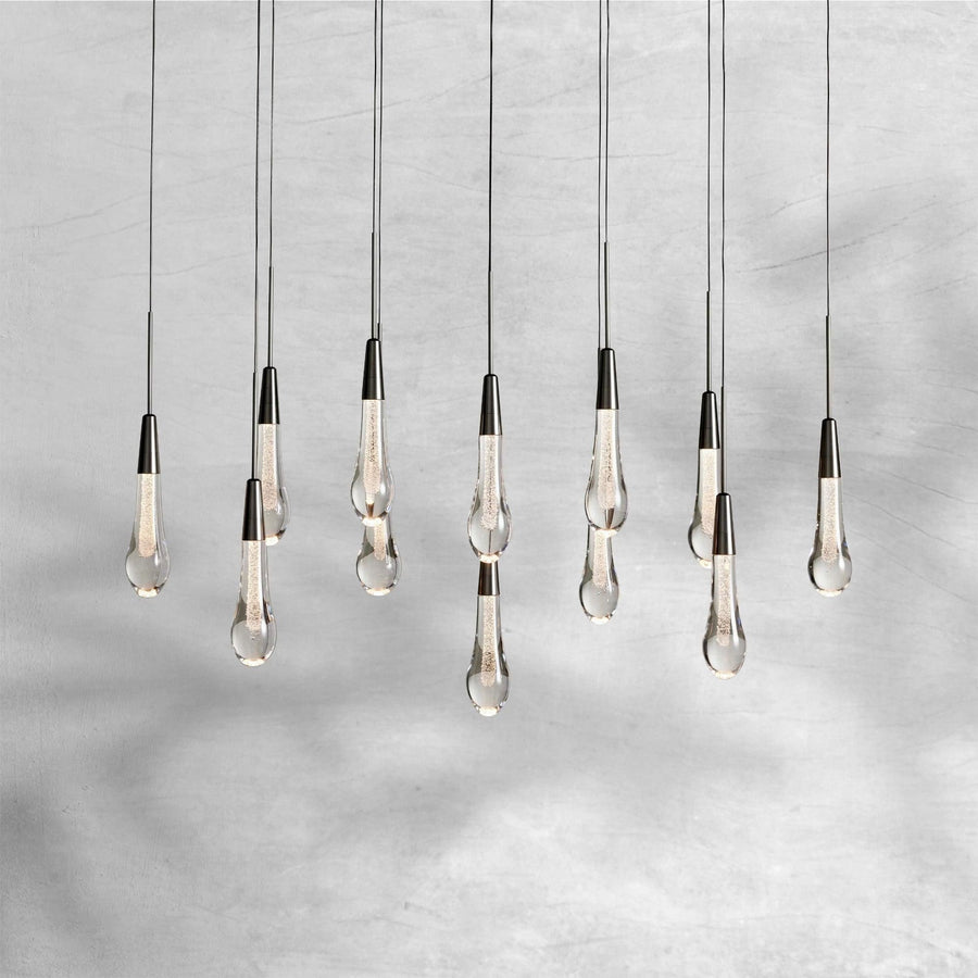 Linear Seeded Glass Teardrop Steel Chandelier