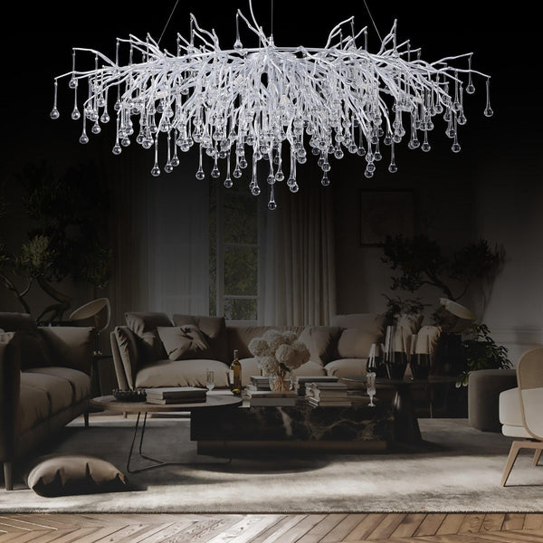 Linear Silver Branch Chandelier with Crystal Accents
