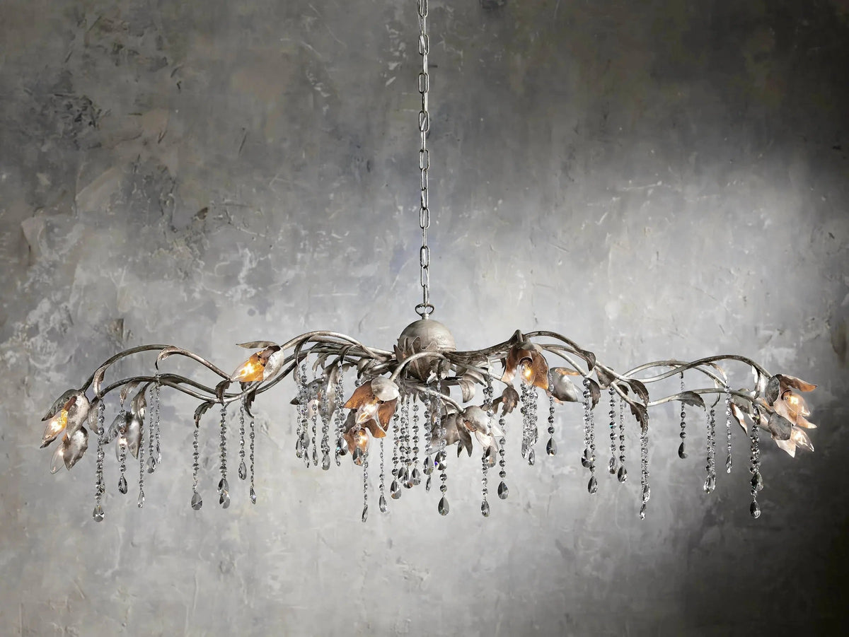 Linear Silver Iron Vine Chandelier with Glass Crystals