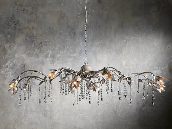 Linear Silver Iron Vine Chandelier with Glass Crystals