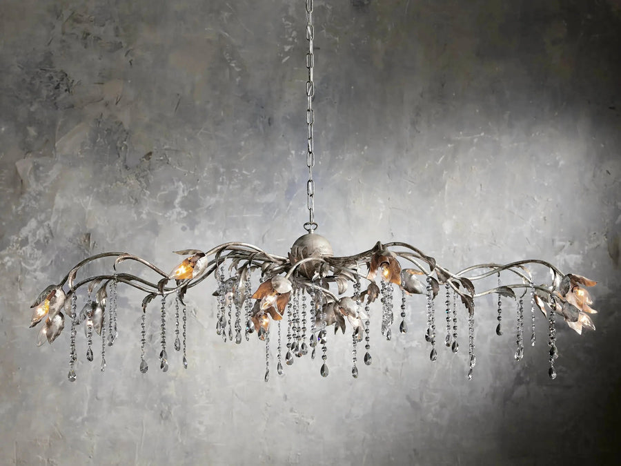 Linear Silver Iron Vine Chandelier with Glass Crystals