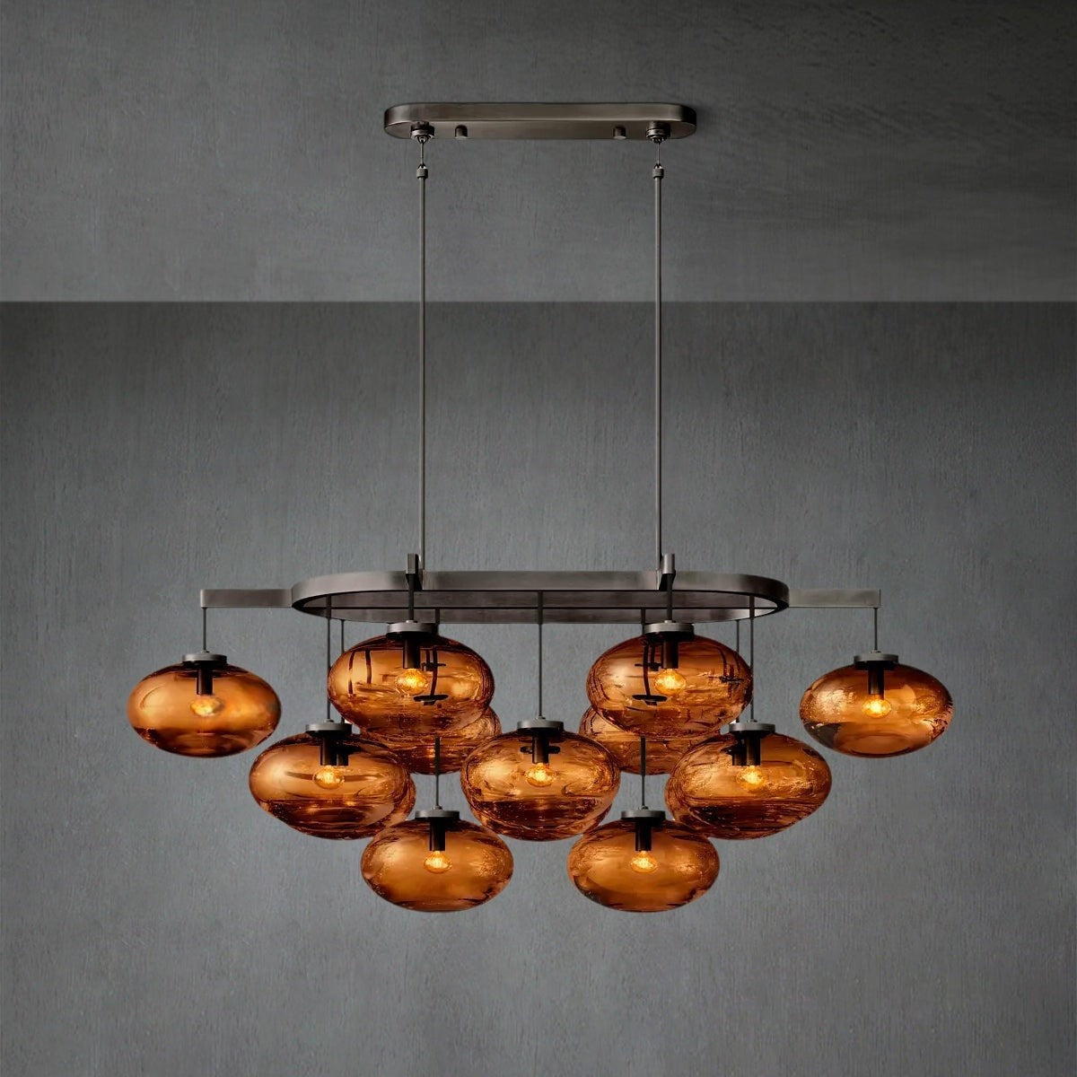 Linear Smoke Glass Oval Chandelier with Steel Frame
