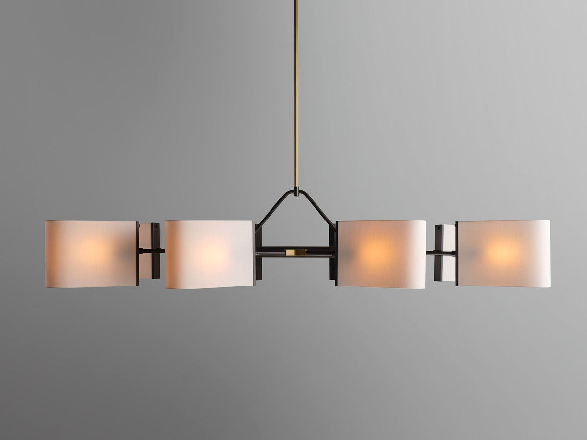 Linear Solid Brass Chandelier with Ivory Silk Shades