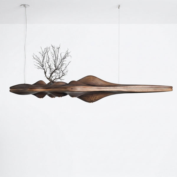 Linear Solid Wood Beam and Iron Chandelier
