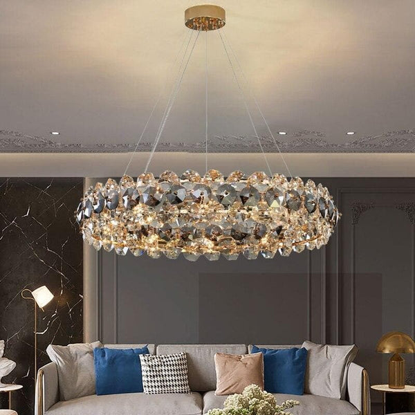 Linear Steel and Copper Crystal Bead Chandelier