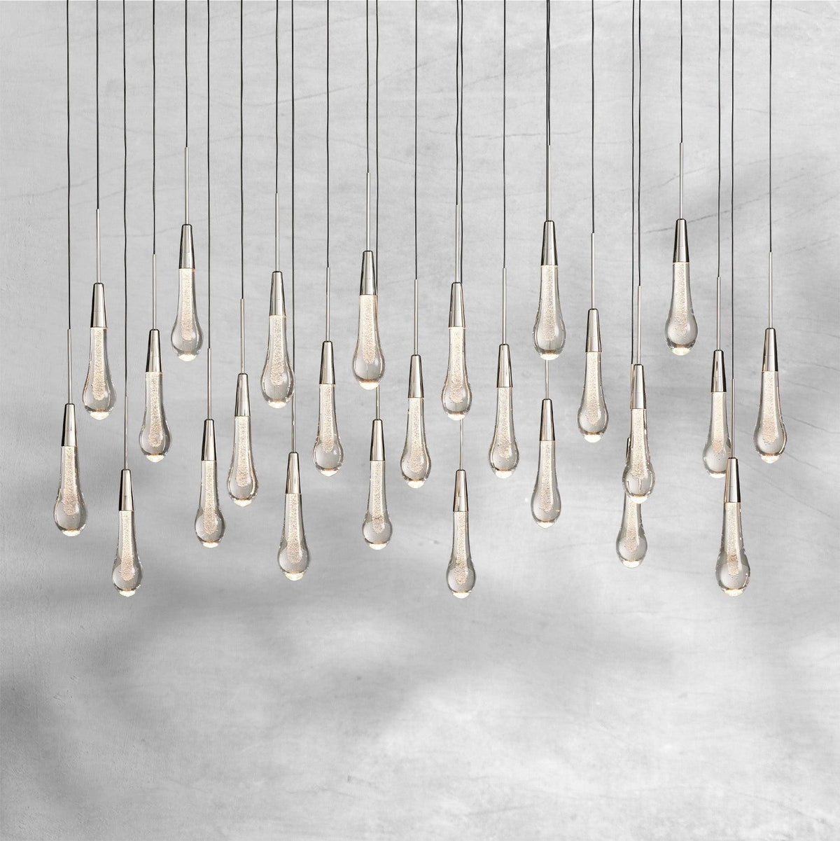 Linear Steel Canopy Seeded Glass Cluster Chandelier
