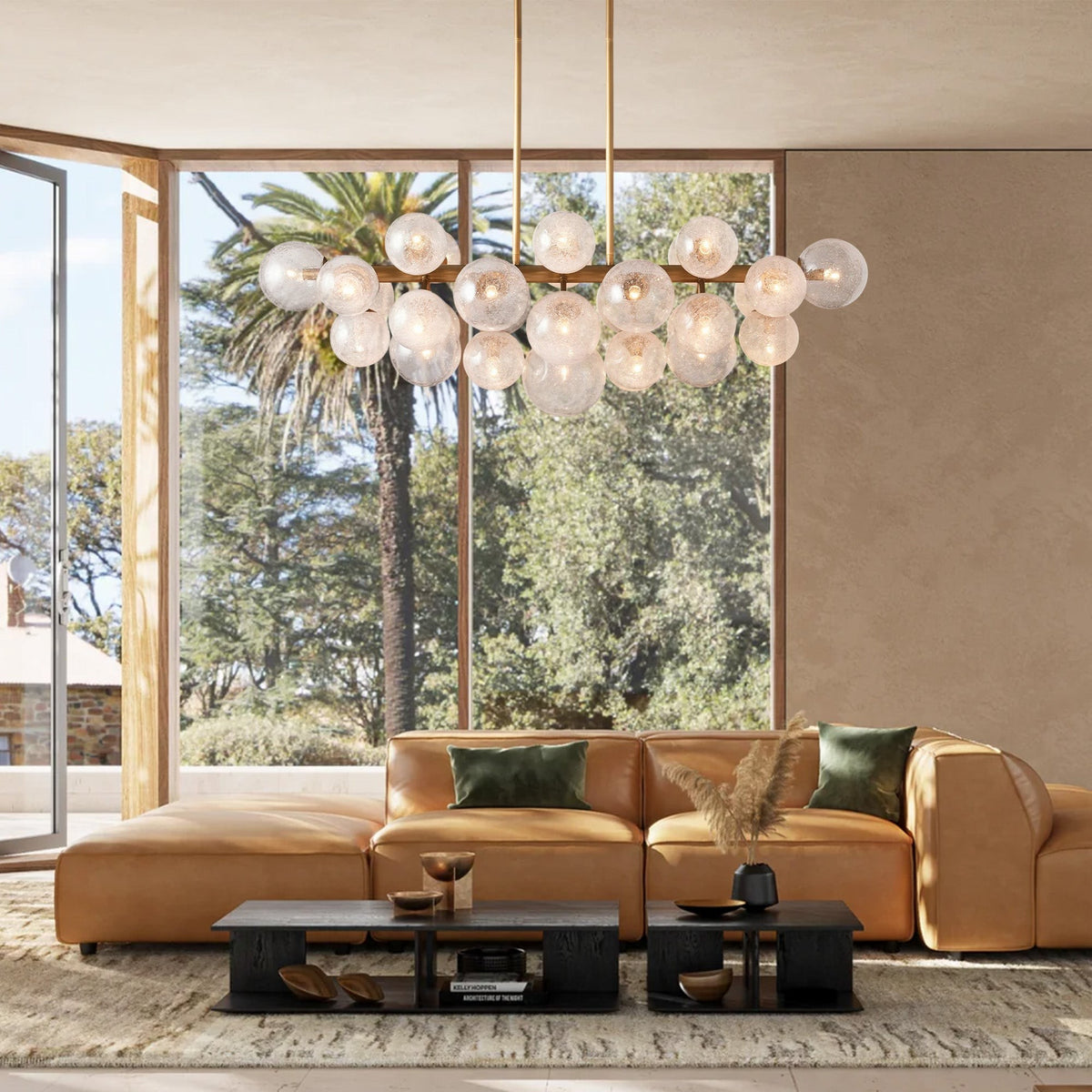 Linear Steel Chandelier with Bubbled Glass Globes