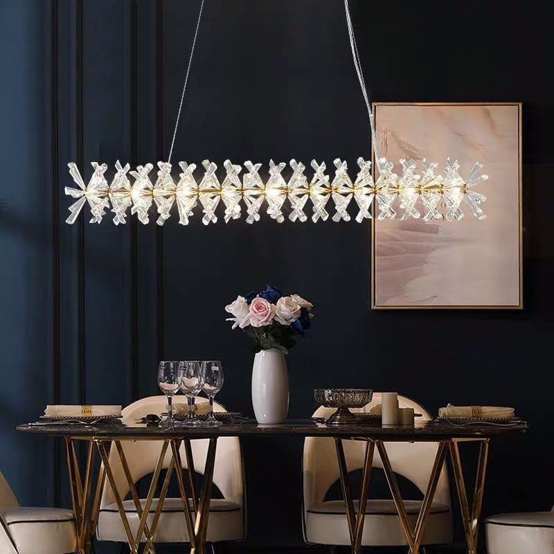 Linear Steel Chandelier with Cascading Crystal Strands