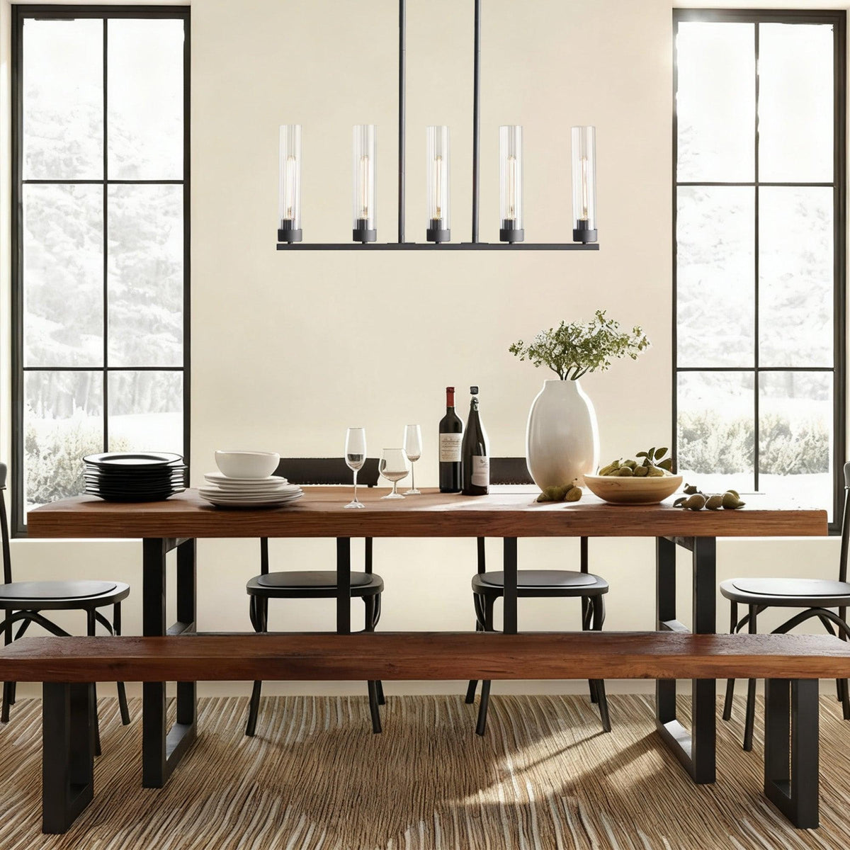 Linear Steel Chandelier with Fluted Glass Shades