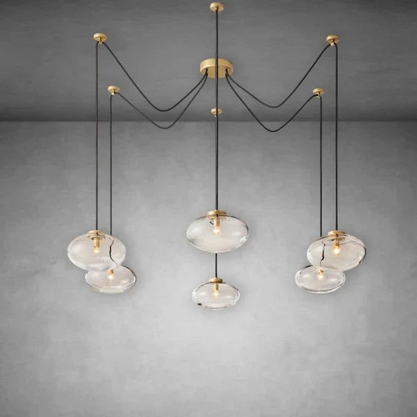 Linear Steel Chandelier with Staggered Oval Glass Globes