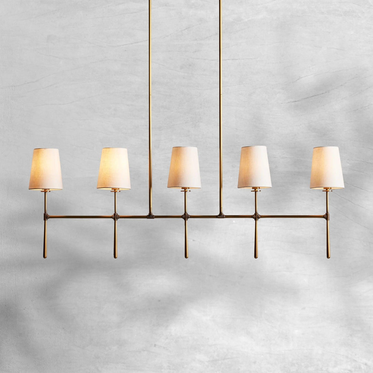 Linear Steel Chandelier with Tapered Linen Shades
