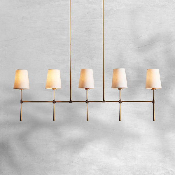 Linear Steel Chandelier with Tapered Linen Shades