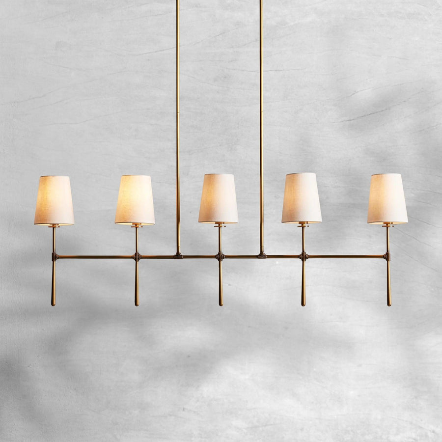 Linear Steel Chandelier with Tapered Linen Shades