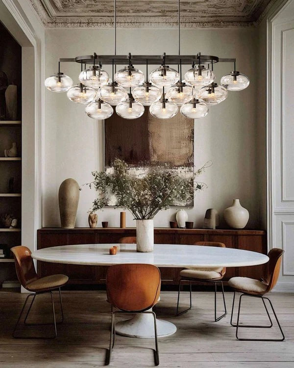 Linear Steel Frame Oval Blown Glass Chandelier