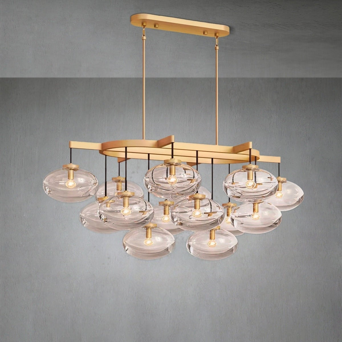 Linear Steel Frame Oval Blown Glass Chandelier