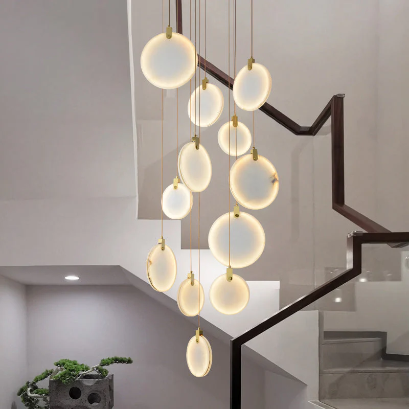 Linear Tiered Alabaster Block and Brass Chandelier