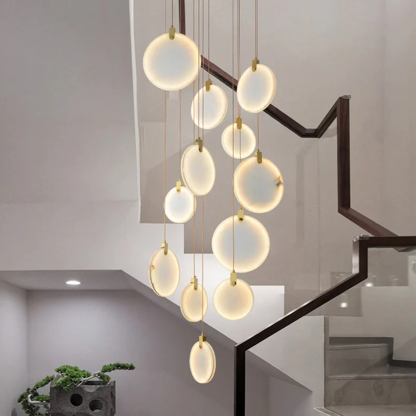 Linear Tiered Alabaster Block and Brass Chandelier