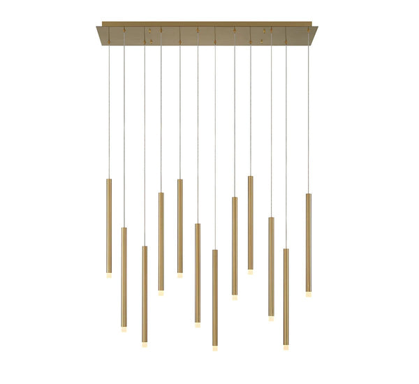 Linear Tiered Brass and Black Metal Chandelier