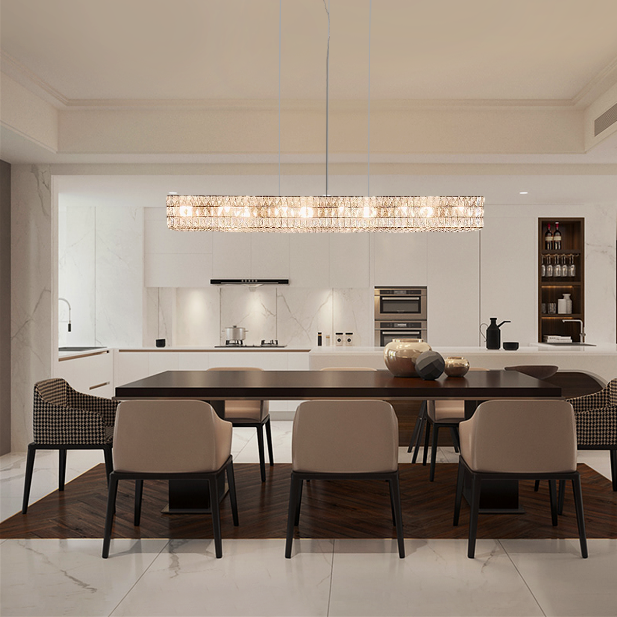 Linear Tiered Brass and Crystal Chandelier