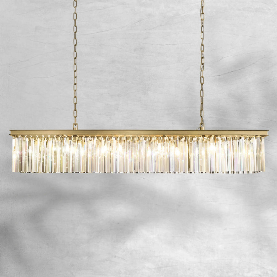 Linear Tiered Crystal Prism and Brass Chandelier