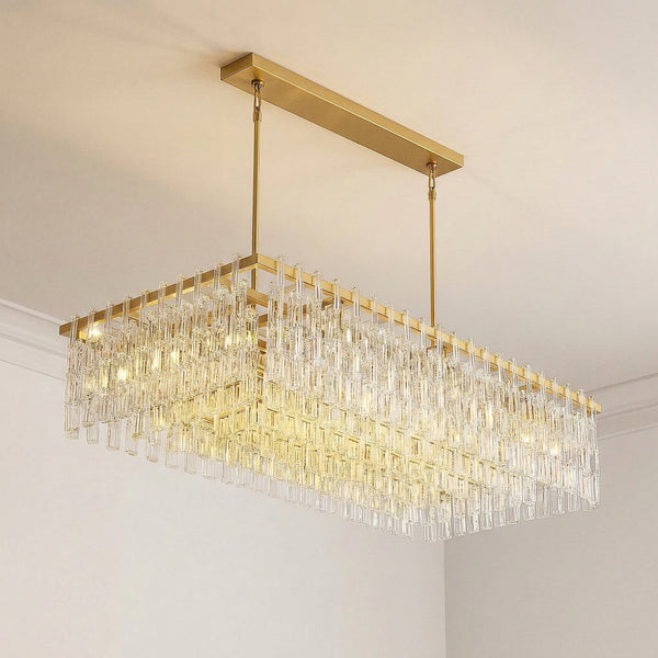 Linear Tiered Crystal Rod and Brass Chandelier