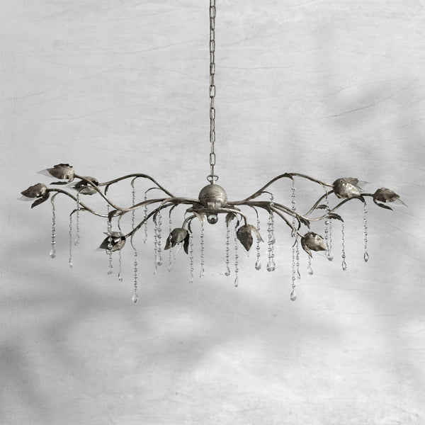 Linear Tiered Glass Crystal and Iron Chandelier