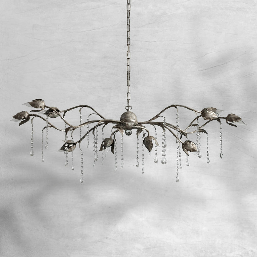 Linear Tiered Glass Crystal and Iron Chandelier