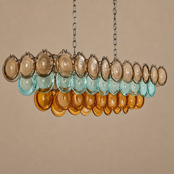 Linear Tiered Hand-Blown Glass Disc Brass Chandelier