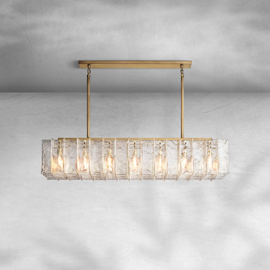 Linear Tiered Rippled Cast Glass Brass Chandelier