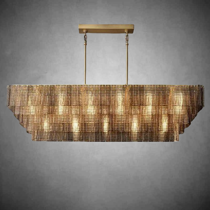 Linear Tiered Smoke Glass and Brass Chandelier