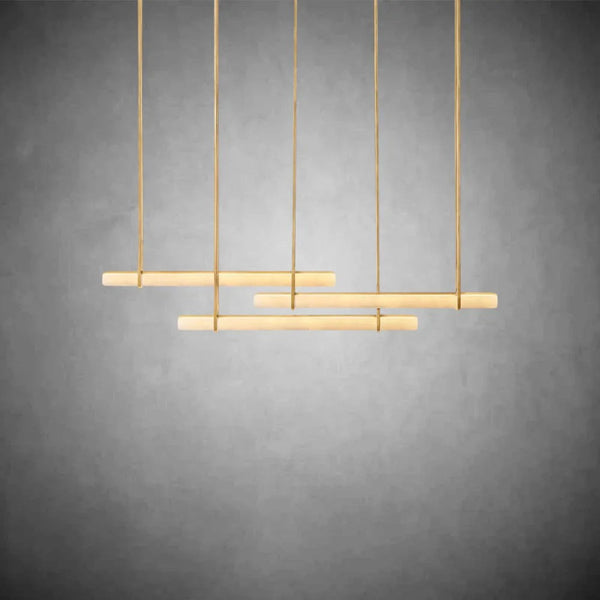 Linear Triple Alabaster Bar Brass Chandelier