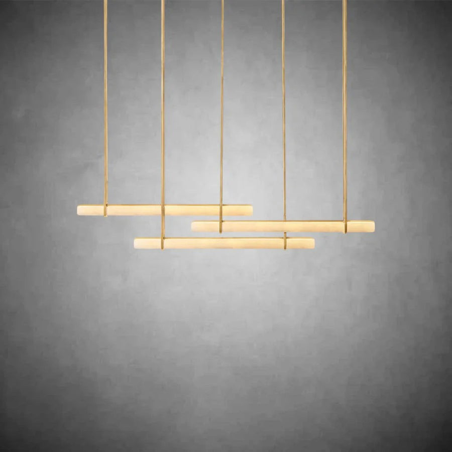 Linear Triple Alabaster Bar Brass Chandelier